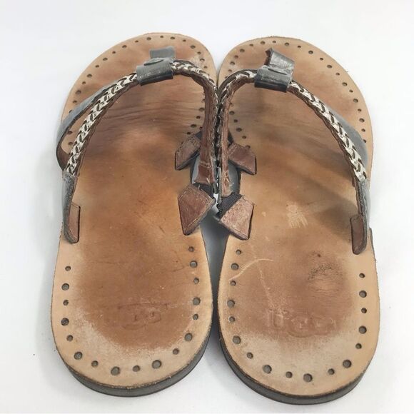 UGG Audra Metallic Silver Braid Leather Double Strap Thong Slide Boho Sandals - Picture 6 of 12